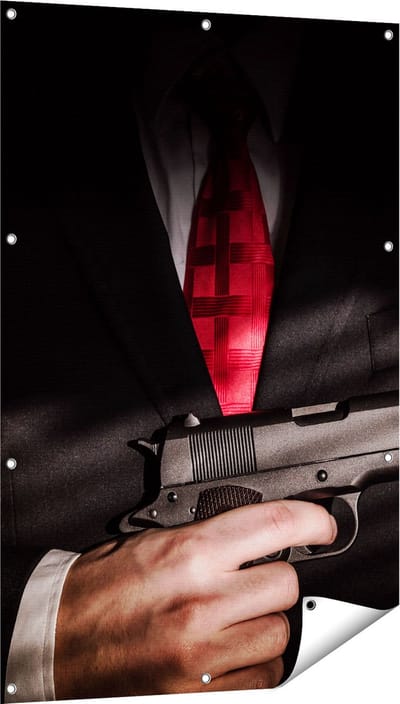 Gards Tuinposter Man van de Maffia met een Pistool Vast - 80x120 cm - Tuindoek - Tuindecoratie - Wanddecoratie buiten - Tuinschilderij