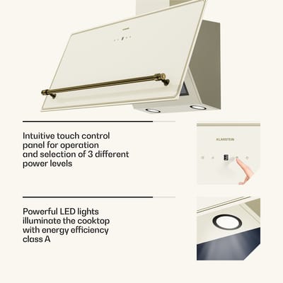 Klarstein Afzuigkap Victoria 90 cm afzuigkap, Touch-bedieningspaneel, 336 m³/h luchtstroom, A++ energie-efficiëntie, LED-verlichting, Stil 44 dB, Crème & Goud, Afvoer & Recirculatie - 336 m³/u - voor Keuken - Dampkap - Wasemkap