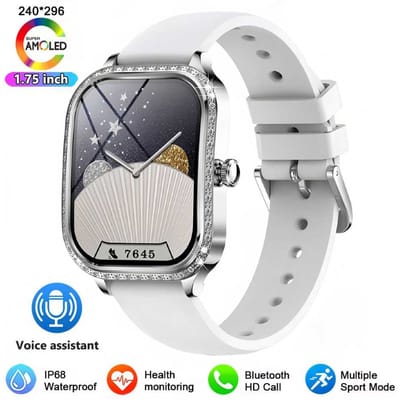 Vrouw Sport Fitness Smartwatch AI Spraakbesturing 1.75'' Volledig Touch Armband Bluetooth Bellen Waterdicht Mode Dames Smartwatch silicon zilver