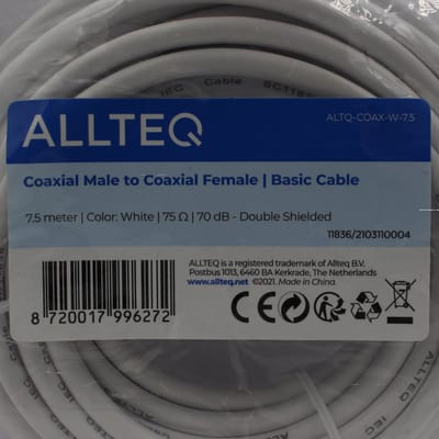 Premium Coax Kabel - Dubbel afgeschermd - IEC Coax Kabel voor TV - Wit - 7.5 meter - Allteq