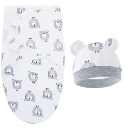 Babydeken met Hoed – Wit Katoen – Beertjesprint – Voor Pasgeboren Baby