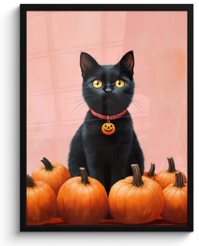 Poster in lijst - Fotolijst 50x70 cm - Posters - Kat - Pompoen - Roze - Posterlijst zwart - Decoratie - Wanddecoratie woonkamer - Muurdecoratie slaapkamer