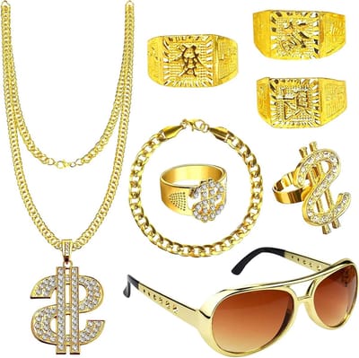 Retro Hip Hop Kostuum voor Feestjes met Gouden Ketting, Zonnebril en Dollar Ring voor Carnaval en Themapartijen