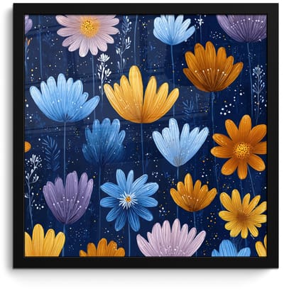 Poster in lijst - Fotolijst 40x40 cm - Posters - Bloemen - Patroon - Blauw - Contrast - Posterlijst zwart - Decoratie - Wanddecoratie woonkamer - Muurdecoratie slaapkamer