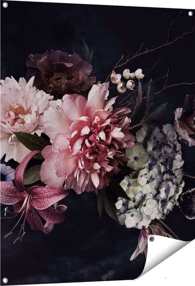 Gards Tuinposter Diverse Bloemen op Zwart Achtergrond - 80x100 cm - Tuindoek - Tuindecoratie - Wanddecoratie buiten - Tuinschilderij
