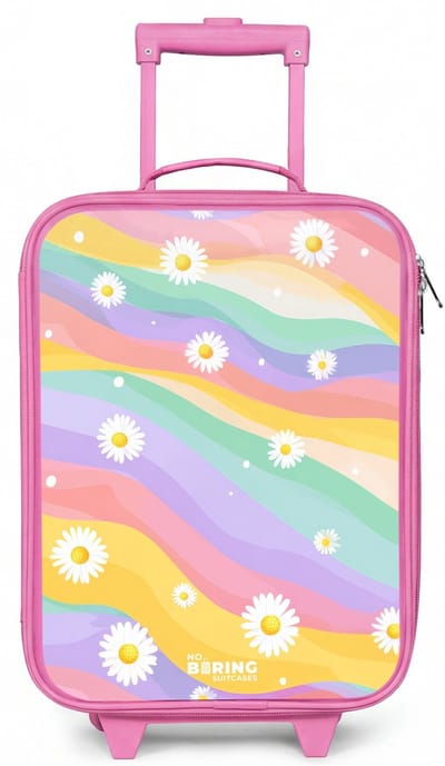NoBoringSuitcases.com® - Kinderkoffer roze - Kindertrolley meisje - Madeliefjes op regenboogachtergrond - Koffer kind lichtgewicht - Reiskoffer trolley voor kinderen - Koffertje met lichtgevende wieltjes - Rolkoffer