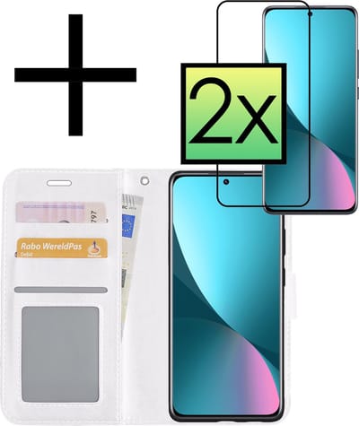 Hoesje - Met 2x Screenprotector - Geschikt voor Xiaomi 12X - Luxe Pasjeshouder - Bookcase Portemonee - Flip Case - Kunstleer Book Case - Flipcase Hoes - Book Cover - Walletcase - Portemonneehoes - Wit