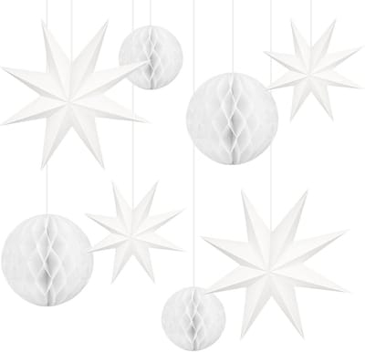 8-Pack Kerst Ster Decoratie - 9-Puntige Ster Lantaarns en Honingraat Ballen voor Bruiloft, Verjaardag en Baby Shower Feestdecoratie