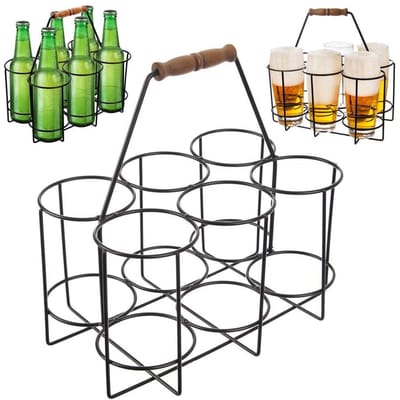 Orion Zwart Metaal 6-Vaks Flessenkrat en Drager met Houten Handvat