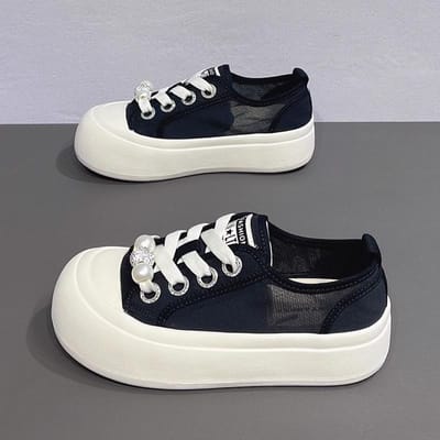 Mesh Ademende Enkelschoenen Dames Zomer Nieuw Dikke zool Grote neus Lelijk Schattig Broodschoenen Damesmode Casual Kleine Witte Schoenen 40 black