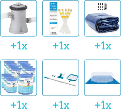 Accessoires voor Intex Easy Set Zwembad - 183x51 cm - Rond - Opblaasbaar - Walvis - Intex - 26102NP - Zwembadfilterpomp - Testrips - Solarzeil - Filters - Schoonmaakset - Grondzeil
