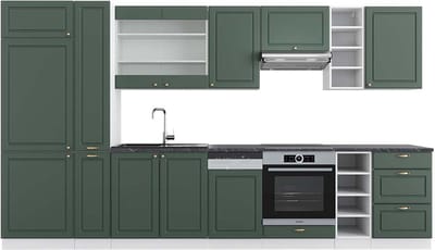 Vicco Fame-Line Complete keukeneenheid – 355 cm, WB Antraciet Groen-Goud Landhuis/Wit