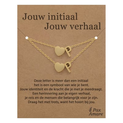 Letter P ketting + armband set op Cadeau Kaartje - Jouw initiaal, jouw verhaal - Goudkleurig Stainless Steel - Initiaal & Hartje Hanger - Pax Amare