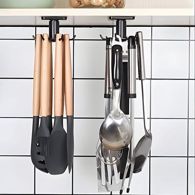 2 stuks 360° draaibare keukenhulphouder met 6 haken, zonder boren, opslag, rek, voor keuken/bad/garderobe (zwart)