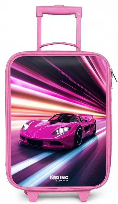 NoBoringSuitcases.com® - Kinderkoffer roze - Kindertrolley meisje - Roze raceauto flitst door neonlicht - Koffer kind lichtgewicht - Reiskoffer trolley voor kinderen - Koffertje met lichtgevende wieltjes - Rolkoffer