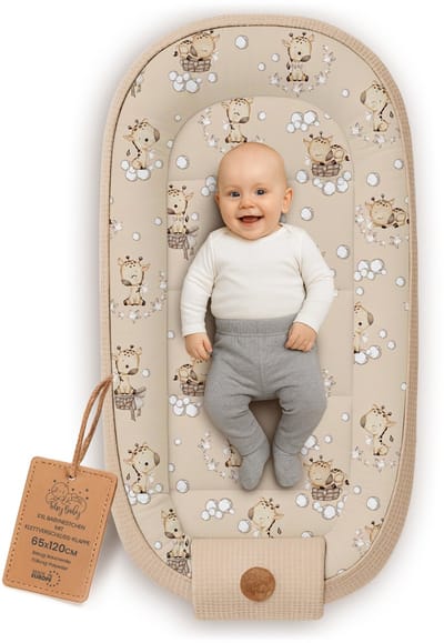 Babynestje Pasgeborene 65x120cm – Babynest behaaglijk Katoen & Wafel – zacht ademend en knus Nestje comfortabel voor Ledikant Wieg Kinderwagen Babykamer en Onderweg Giraffen