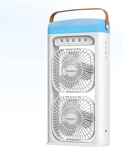 4-in-1 draagbare airconditioningsventilator met nevelspray, dubbele ventilator, 3-traps instelbare airconditioning, mobiel met 1-4 timerfunctie, kleurveranderend nachtlampje, T-C-opladen, luchtkoeler