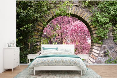 Behang - Fotobehang Doorkijk - Sakura - Bloesem - Japans - Breedte 320 cm x hoogte 240 cm