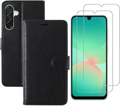 Hoesje geschikt voor Samsung Galaxy A26 bookcase Zwart - Met screenprotector tempered glass Galaxy A26 - 2x