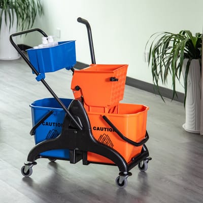 MEUNIQ Reinigingswagen met wringer 26L, 2 emmers voor schoon- en vuilwater, opbergruimte en 4 wielen, 78 x 45 x 95 cm, voor vloerreiniging, oranje/blauw