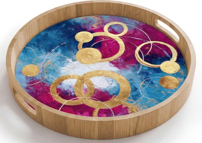 Dienblad rond 40x40 cm - Schootdienblad hout - Cirkels - Goud - Abstract - Borrelplank rechthoek - Plateau houten dienbladen