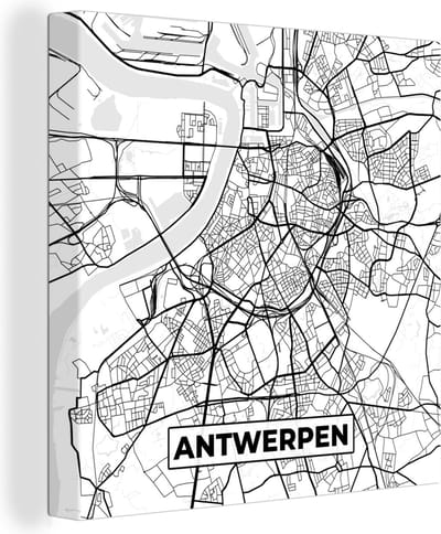 Canvas Schilderij België – Antwerpen – Stadskaart – Kaart – Zwart Wit – Plattegrond - 20x20 cm - Wanddecoratie