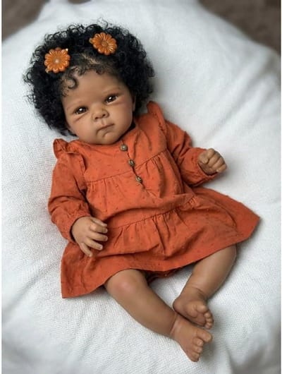 Lonian Reborn Girl Doll 43 cm Realistic Dark Skin Soft Fabric Hand-Rooted Hair Vinyl Head Limb Newborn Baby Doll with Accessories