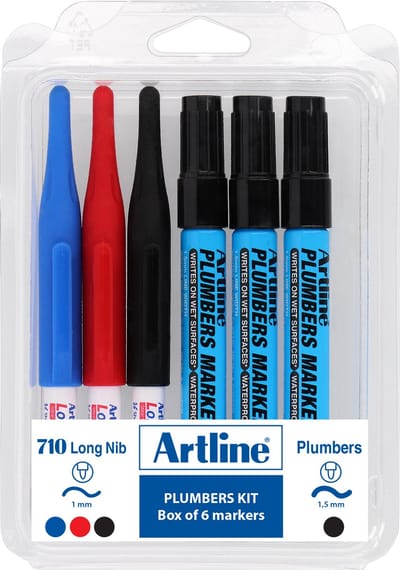 Artline Plumbers Permanent Markers - Set 6 Stuks - Kogelpunt 1,5mm - Schrijft op Natte Oppervlakken - Zwart, Blauw & Rood