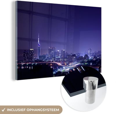 ® Glasschilderij 180x120 cm - Schilderij acrylglas - Nachtelijke skyline van de Japanse stad Fukuoka - Foto op glas - Muurdecoratie woonkamer - Wanddecoratie slaapkamer - Schilderijen