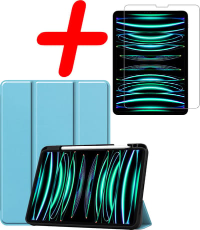 Hoesje Geschikt voor Apple iPad Pro (2022) - 11 inch - 4e generatie - Met Screenprotector - Trifold Bookcase - Hard Cover Case - Met Uitsparing Geschikt voor Apple Pencil - Hardcover Book - Tablet Hoes - Lichtblauw