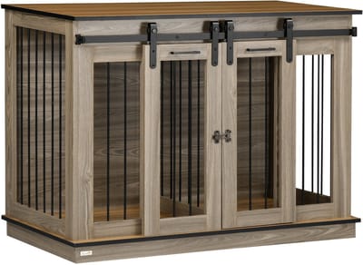 PawHut Hundekäfig, Hundehütte mit Zweiraum-Option, Haustierkäfig mit Doppeltüren, Hundebox, Hundehaus für Mittelegroße Hunde, 120 x 60 x 88,5 cm, Eiche