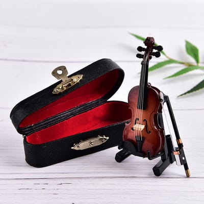 1 ensemble exquis mini violon guitare avec étui pour instrument de musique meilleur cadeau miniature ornement en bois maison de poupée bricolage enfants jouet modèle black