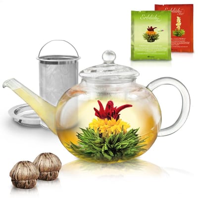 Creano glazen theepot 1,2l - inclusief 2 theebloemen - glazen theepot met geïntegreerde roestvrijstalen zeef en glazen deksel, druppelvrij