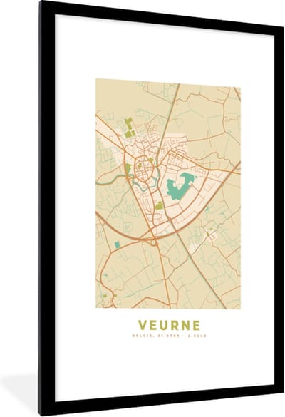 Fotolijst incl. Poster - Stadskaart - Kaart - Plattegrond - Vintage - Veurne - 60x90 cm - Posterlijst