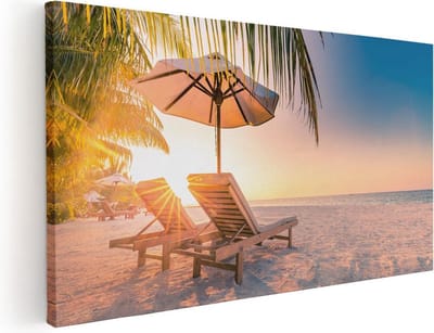 Artaza Canvas Schilderij Strand Zee - 40x20 cm - Klein - Wanddecoratie Zonsondergang - Muurdecoratie Palmboom - Schilderijen Op Canvas Kust
