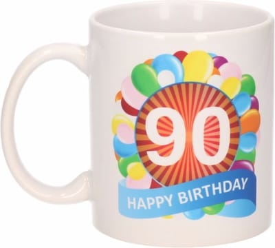 Beallatio Decorations - 90 jaar Verjaardag koffiemok - cadeau beker - feestelijke ballonnen print - 300 ml - keramiek - wit