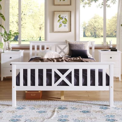 Houten tweepersoonsbed bestaande uit een bedframe met lattenbodem, houten bed met hoofdbord - 140 x 200 cm, massief grenen, kinderbed, jeugdbed, wit