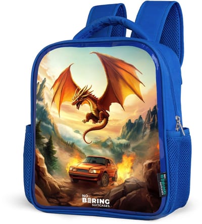 NoBoringSuitcases.com® - Rugzak blauw - Schooltas jongens - Vliegende draak boven vurige bergweg - Kinder rugtas jongen - Boekentas kind - Kinderrugzak voor school - Schoolrugzak