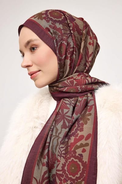Silk Home Viscosemix Mayda sjaal - Kersenrood–Antraciet met patroon – stevige valling (190 × 70 cm)