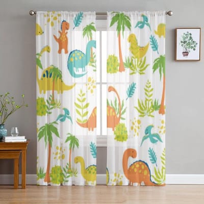 Jurassic Cartoon Dinosaurus Kinderen Transparante Gordijnen Voor Woonkamer Slaapkamer Tule Raam Gordijnen Voor Keuken Decoratie 135W x 114H(cm)