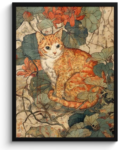 Poster in lijst - Fotolijst 60x80 cm - Posters - Kat - Sierlijk - Bloemen - Posterlijst zwart - Decoratie - Wanddecoratie woonkamer - Muurdecoratie slaapkamer