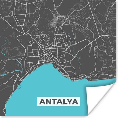 Poster Antalya - Stadskaart - Plattegrond - Blauw - Kaart - 100x100 cm XXL
