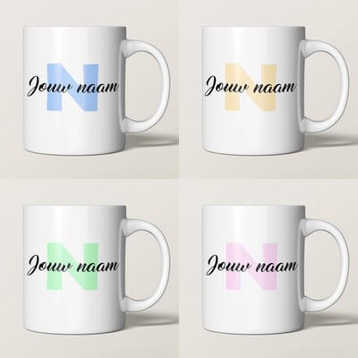 Mokken set (4 stuks) met gepersonaliseerde namen - Blauw, Groen, Roze & Geel - koffiemok - Mokken / Beker met naam - 4x350ml