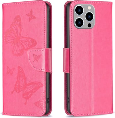 PU BookCover Hoes Etui geschikt voor iPhone 15 PRO MAX - Magenta - Donker Roze Vlinders