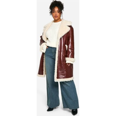 boohoo Dames Plus Kunstleer Teddy Trim Longline Aviator Jas | Bordeaux Rood | Maat: 44