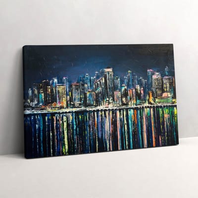 Wallfluent Foto Op Canvas Land van Bloemen - een fantasiestadje aan zee - 60 x 40 cm - Blauw Schilderij Canvas - Steden Canvas Doek Foto - Imitatie van een olieverfschilderij Schilderij Doek - Steden Schilderijen Op Canvas Doek