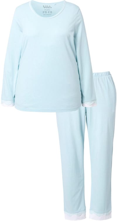 Ulla Popken - Dames - Pyjama kant ronde hals lange mouwen - Ijszeeblauw - Maat 42+
