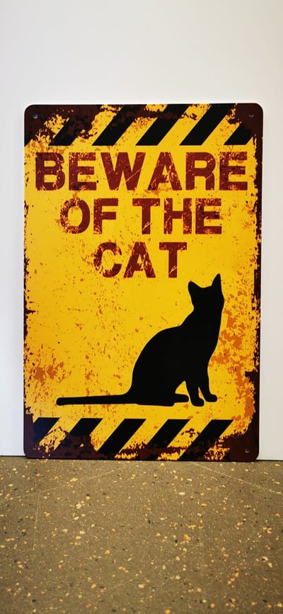 Metalen wandbord- Beware Of The Cat - Poes - Kat - Mancave - Wand Decoratie - Metal sign - Mancave decoratie - Decoratie - Metalen borden - Tekst borden - Metalen bord