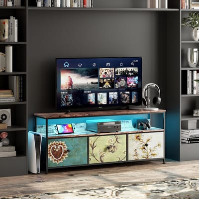 TV-meubel 137 cm – LED-verlichting – Houten kast met tijgerprint en 3 kleurrijke lades – Modern opbergmeubel voor woonkamer en eetkamer
