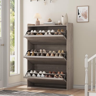 Hoge Schoenenkast 3 Kleppen Voor 18-24 Paar Schoenen - 80x26x117cm - Schoenenrek Smal - Schoenenmeubel Hout - Verstelbare Planken - Minimalistisch - Ruimtebesparend - Voor Hal Woonkamer - Grijs